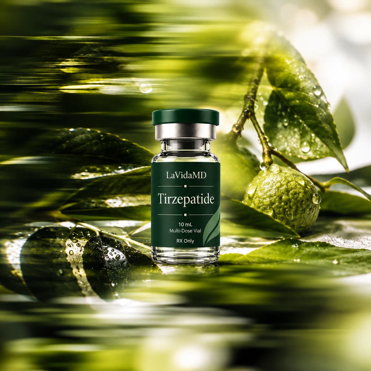 La Vida MD GLOW vial in a green botanical setting